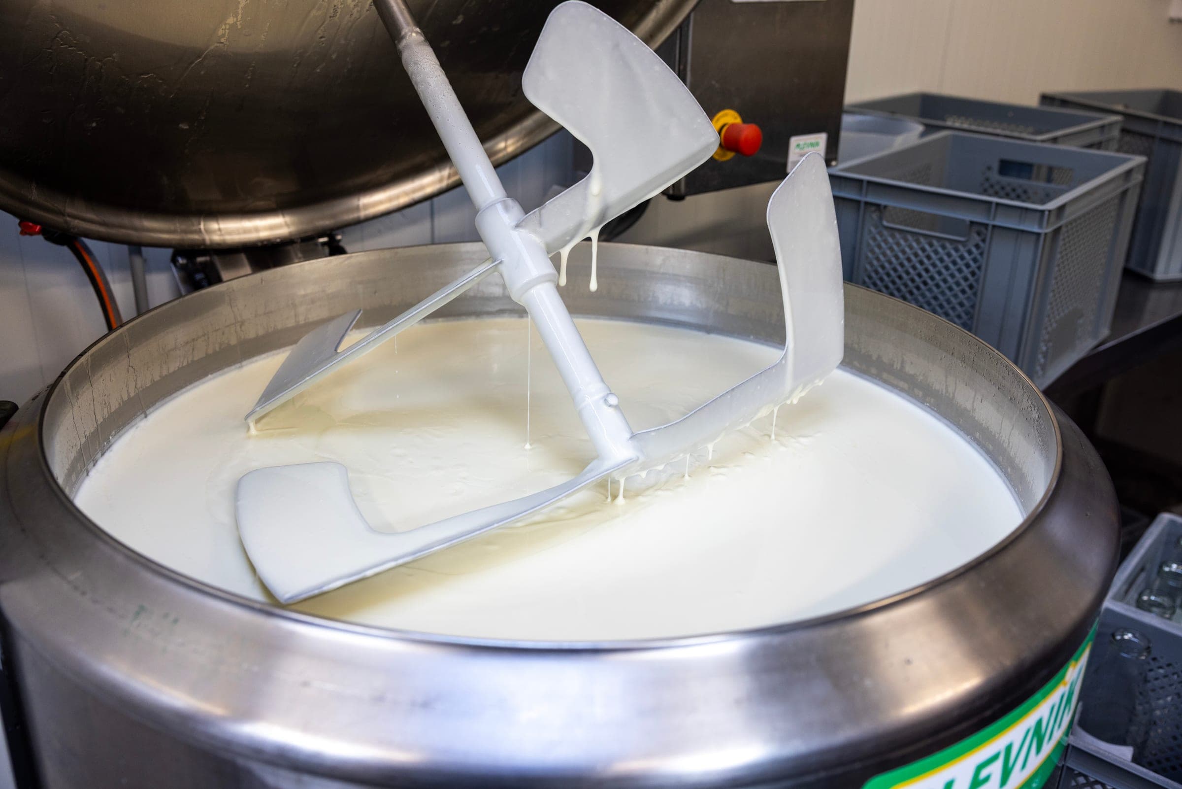 De ketel met verse yoghurt in de zuivelkeuken