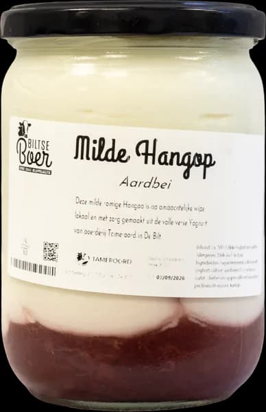Glazen pot milde hangop aardbei