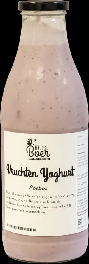 Glazen fles vruchtenyoghurt bosbes